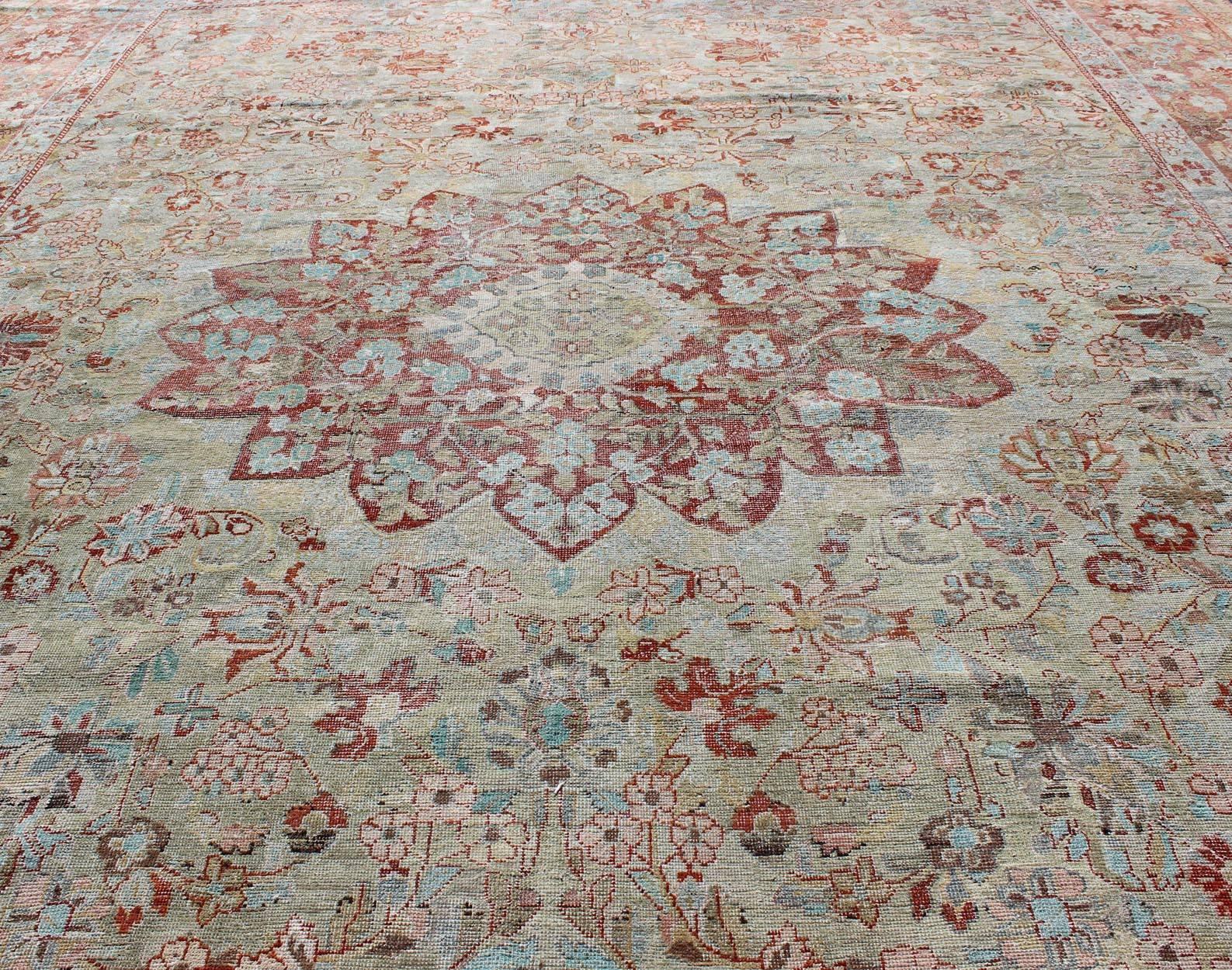 Wool Antique Persian Sultanabad with Floral Design in Coral Pink and Light Green For Sale