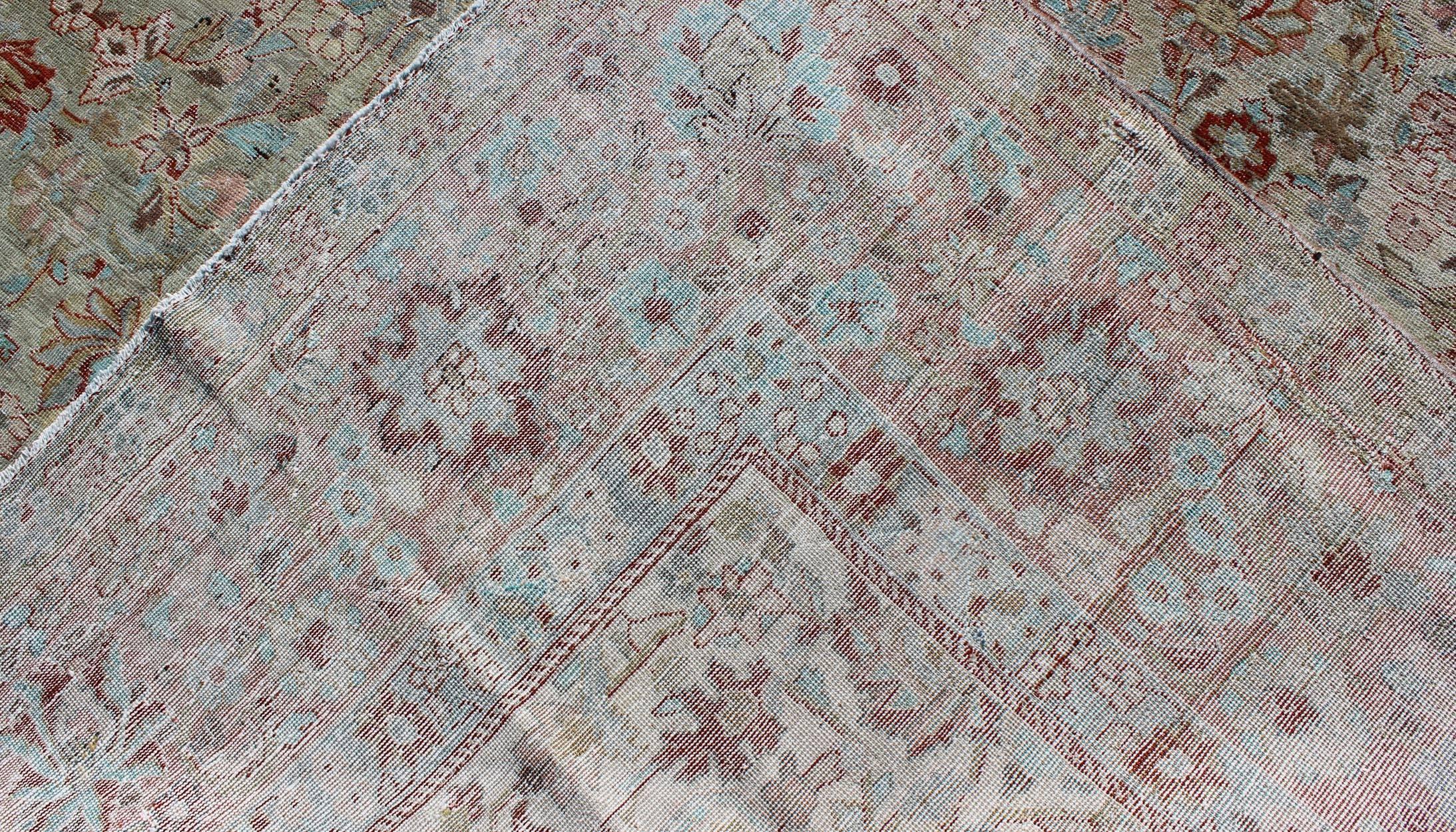 Antique Persian Sultanabad with Floral Design in Coral Pink and Light Green For Sale 1