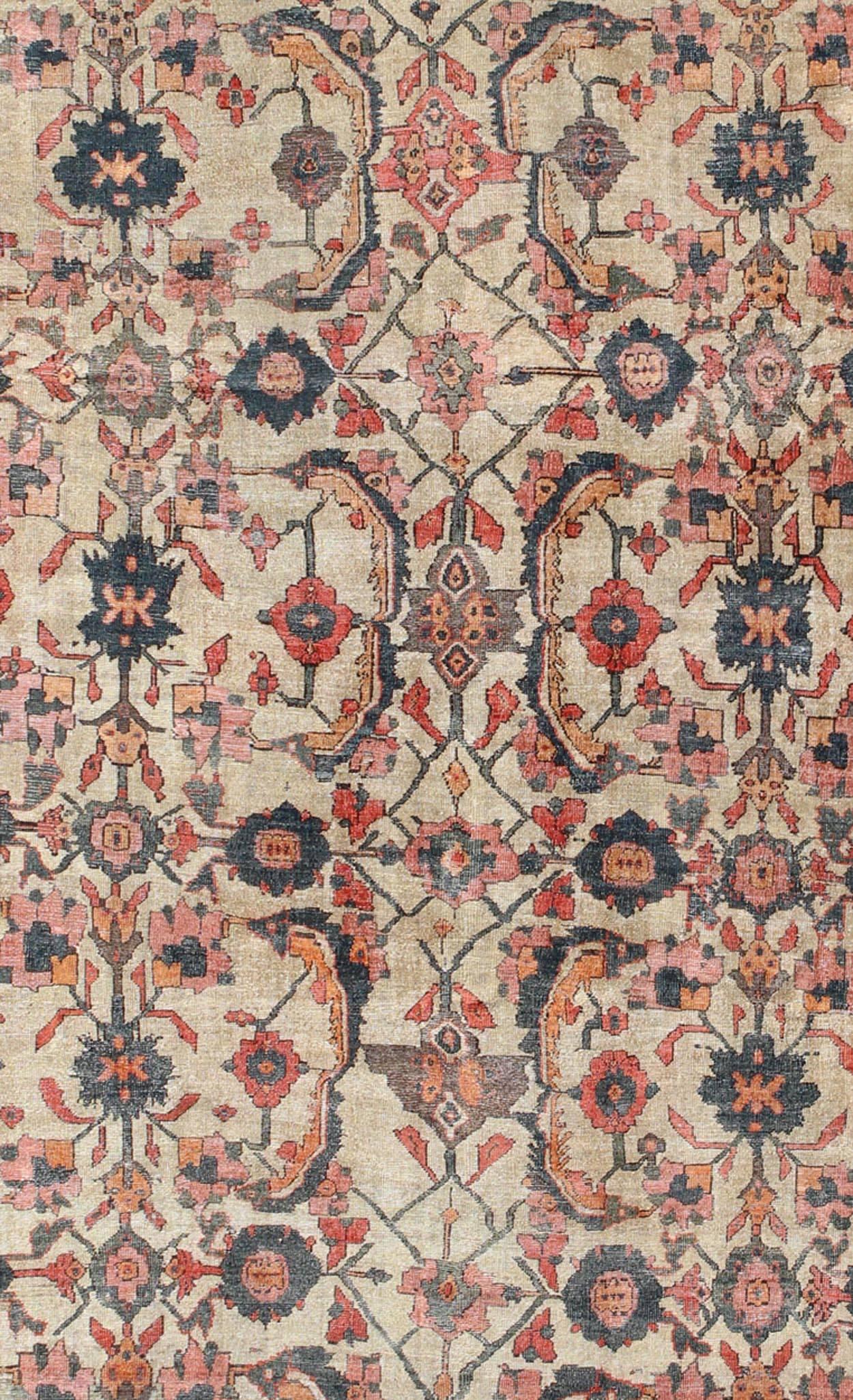 Hand-Knotted 19th Century Persian Sultanabad Rug with All-Over Pattern in Ivory Background For Sale