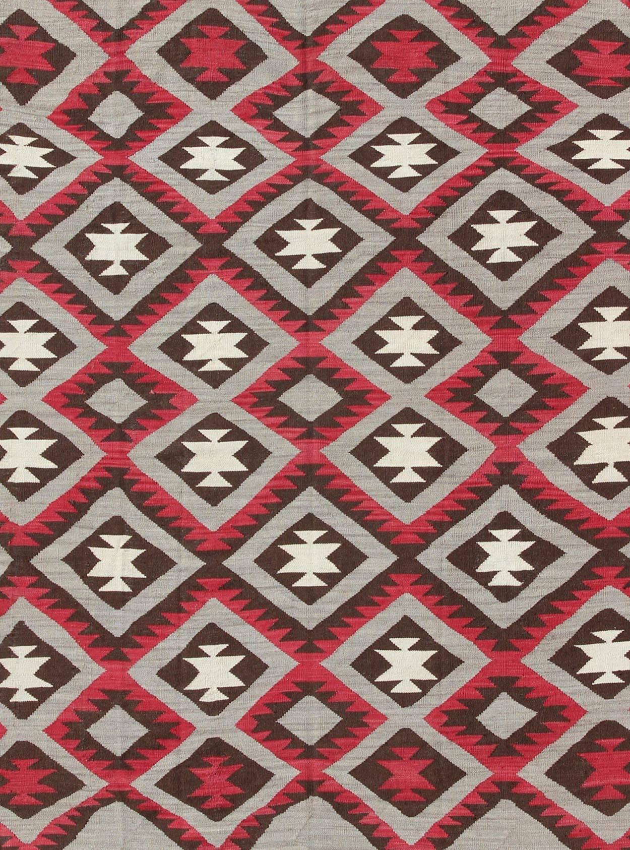 Hand-Knotted Large American Navajo Design Rug with Latticework Tribal Design in Red and Gray