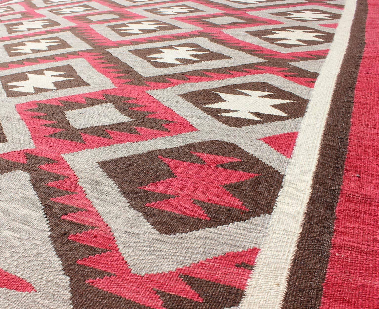 Contemporary Large American Navajo Design Rug with Latticework Tribal Design in Red and Gray