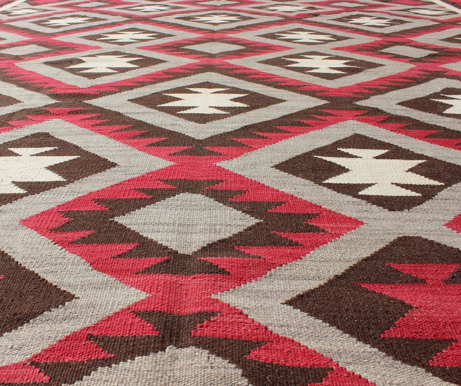 Wool Large American Navajo Design Rug with Latticework Tribal Design in Red and Gray