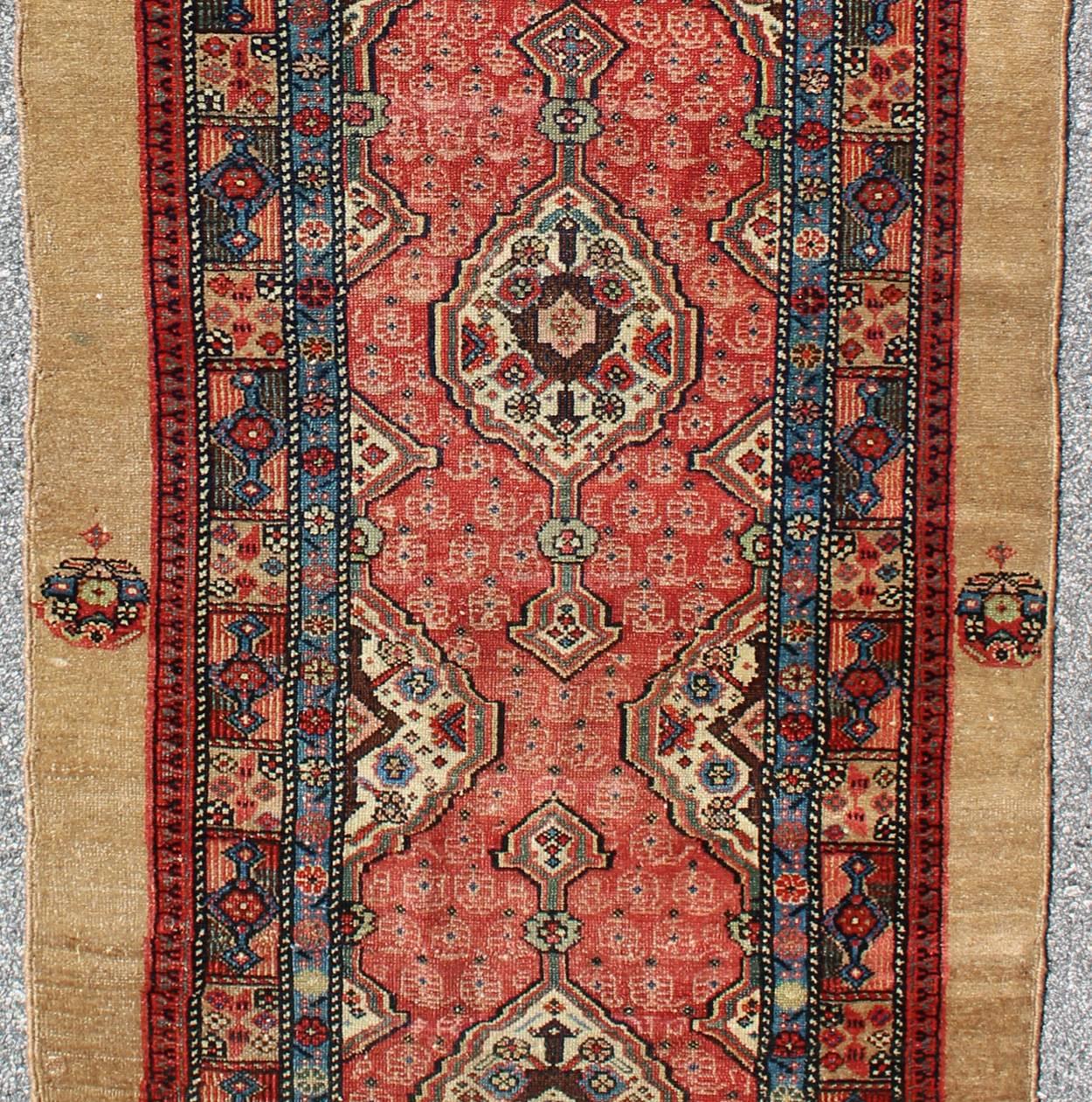 Hand-Knotted Antique Persian Serab Runner with Vertical Sub-Geometric Medallions