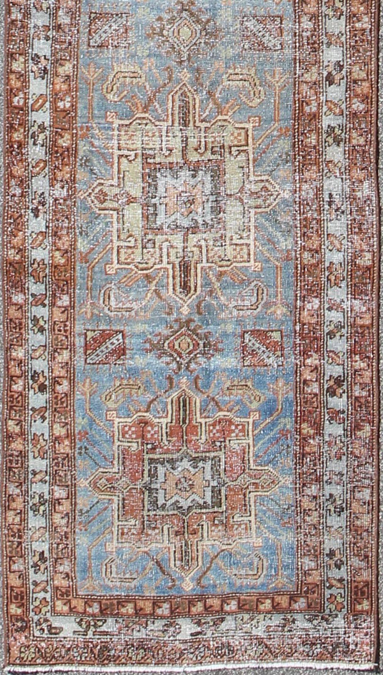 Tribal Medallion Design Heriz Persian Antique Runner in Light Blue and Maroon, rug sus-4701, country of origin / type: Iran / Heriz Serapi, circa 1910

This magnificent Heriz Serapi runner woven in the early 20th century bears an exquisite design
