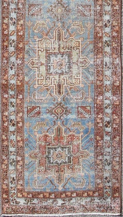 Tribal Medallion Design Heriz Persian Antique Runner in Light Blue and Maroon