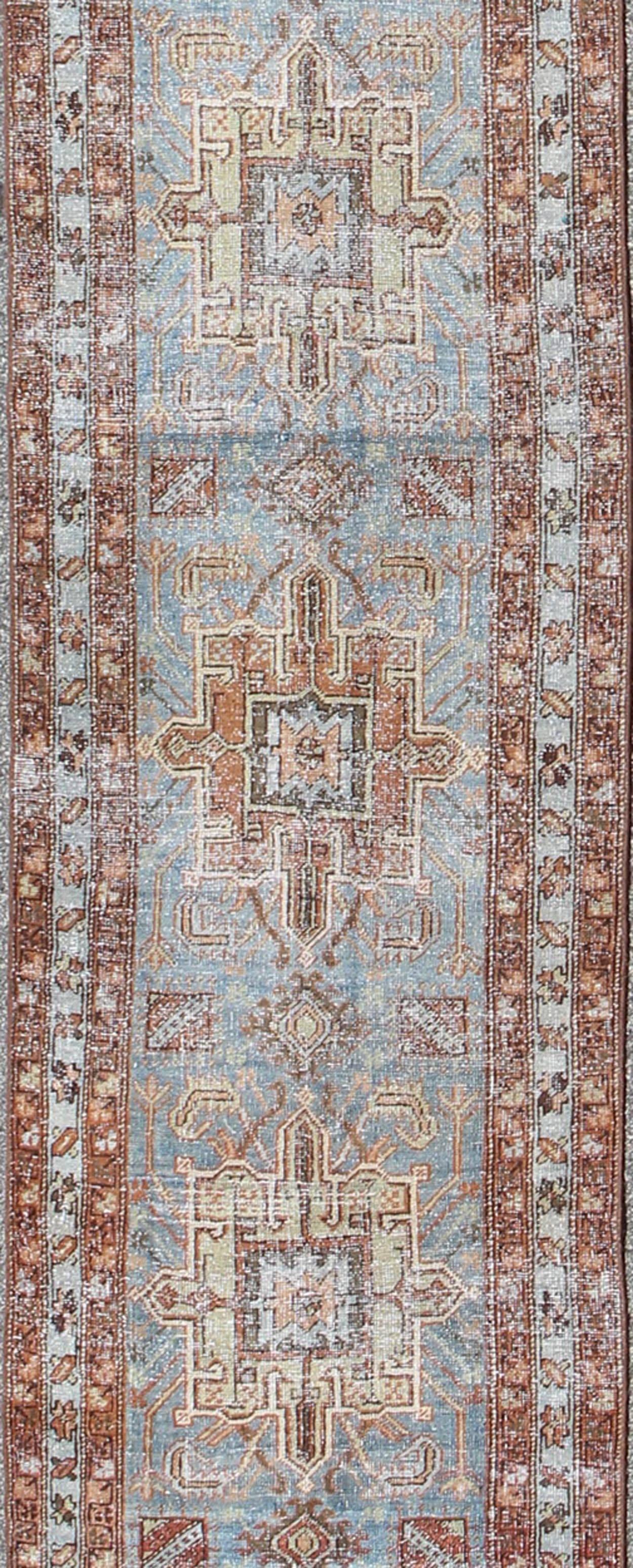 Heriz Serapi Tribal Medallion Design Heriz Persian Antique Runner in Light Blue and Maroon For Sale