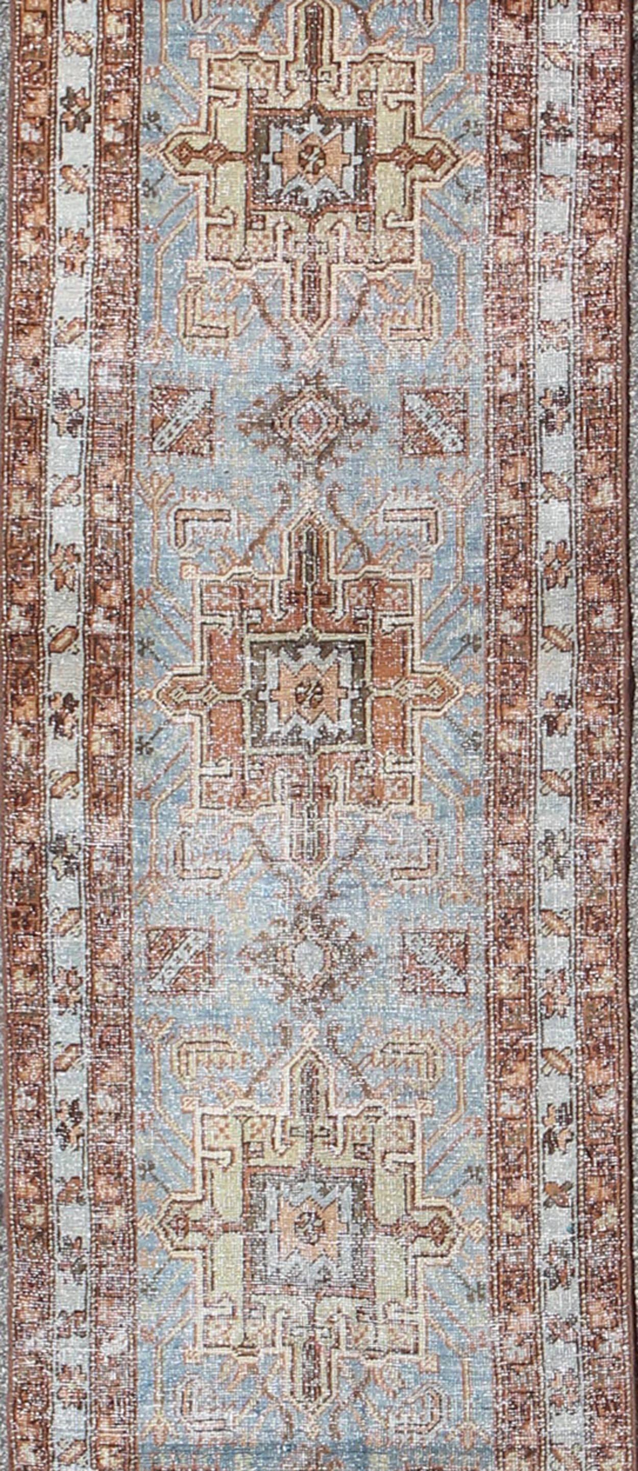 Hand-Knotted Tribal Medallion Design Heriz Persian Antique Runner in Light Blue and Maroon For Sale