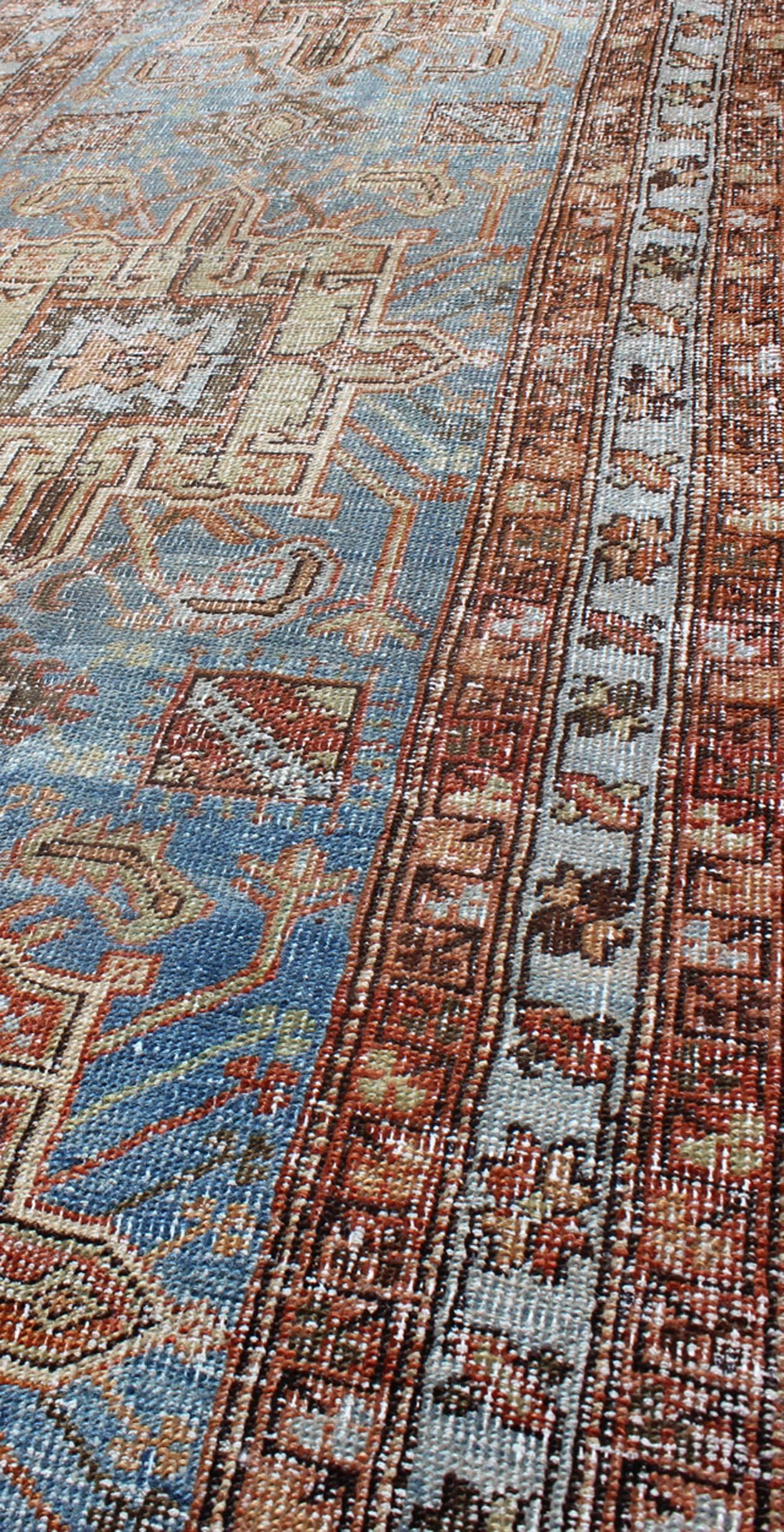 Tribal Medallion Design Heriz Persian Antique Runner in Light Blue and Maroon In Good Condition For Sale In Atlanta, GA