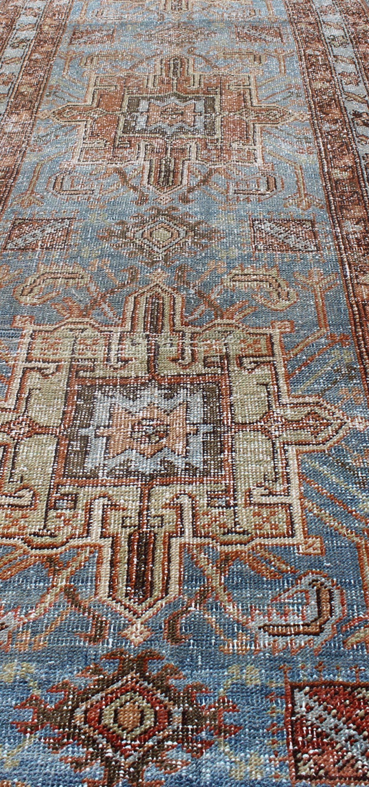Early 20th Century Tribal Medallion Design Heriz Persian Antique Runner in Light Blue and Maroon For Sale