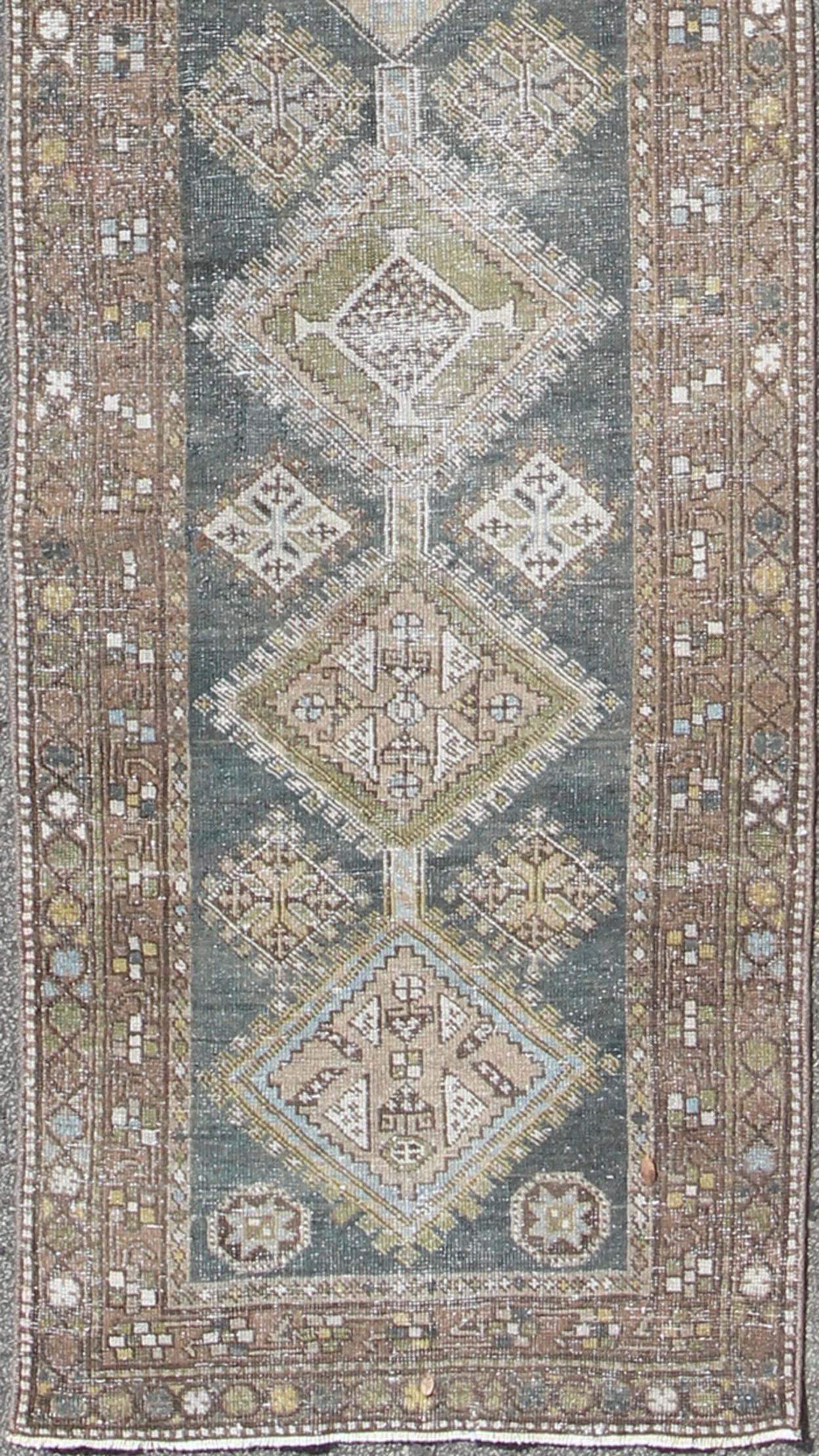 Keivan Woven Arts Antique Persian Heriz Runner with Multi-Layered Geometric Medallions in Steel Blue, Brown, rug sus-4702, country of origin / type: Iran / Heriz Serapi, circa 1900

This magnificent Heriz Serapi runner woven in the early 20th