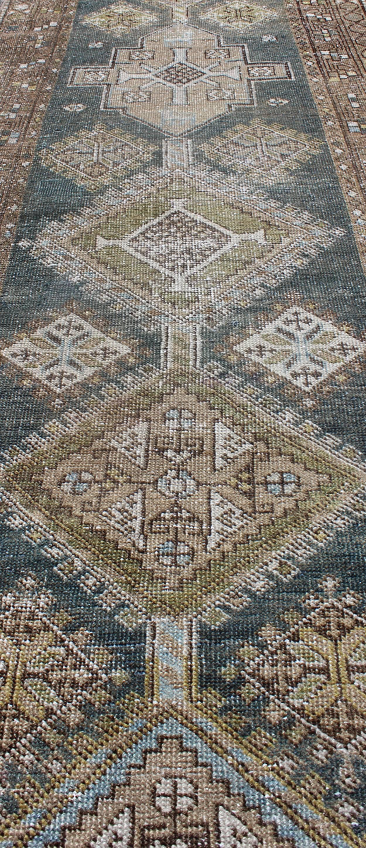 Early 20th Century Antique Persian Heriz Runner in Steal Blue, Brown by Keivan Woven Arts For Sale