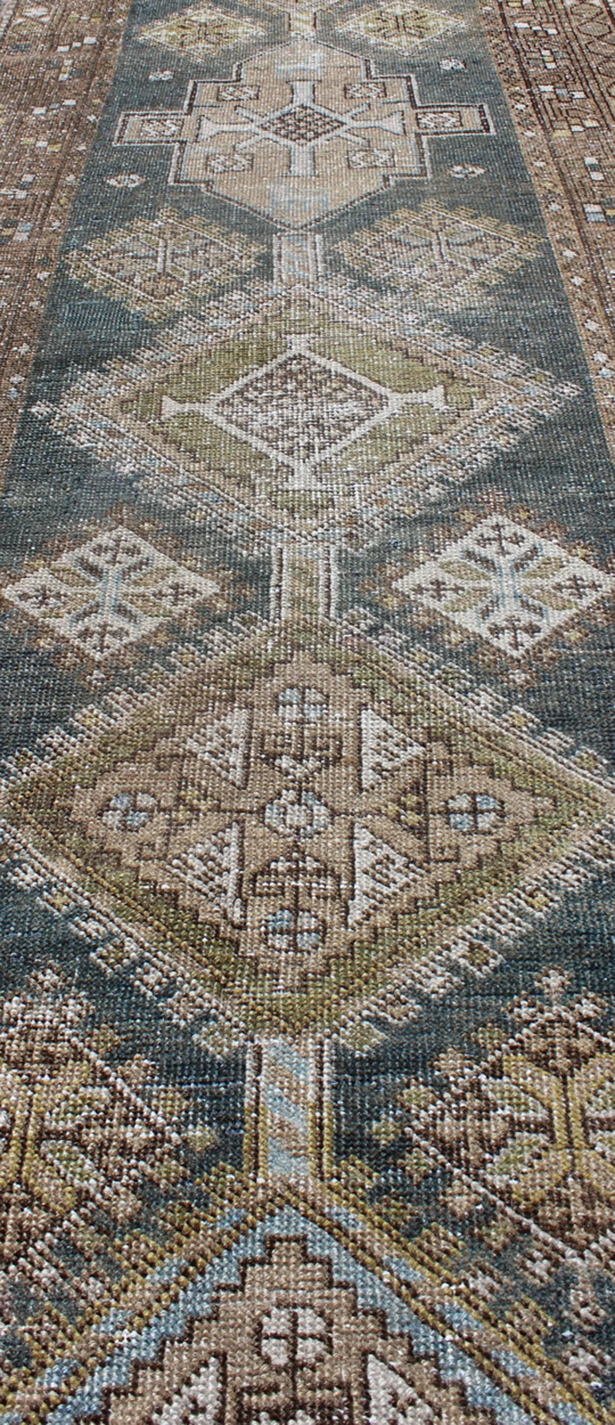 Early 20th Century Antique Persian Heriz Runner in Steal Blue, Brown by Keivan Woven Arts