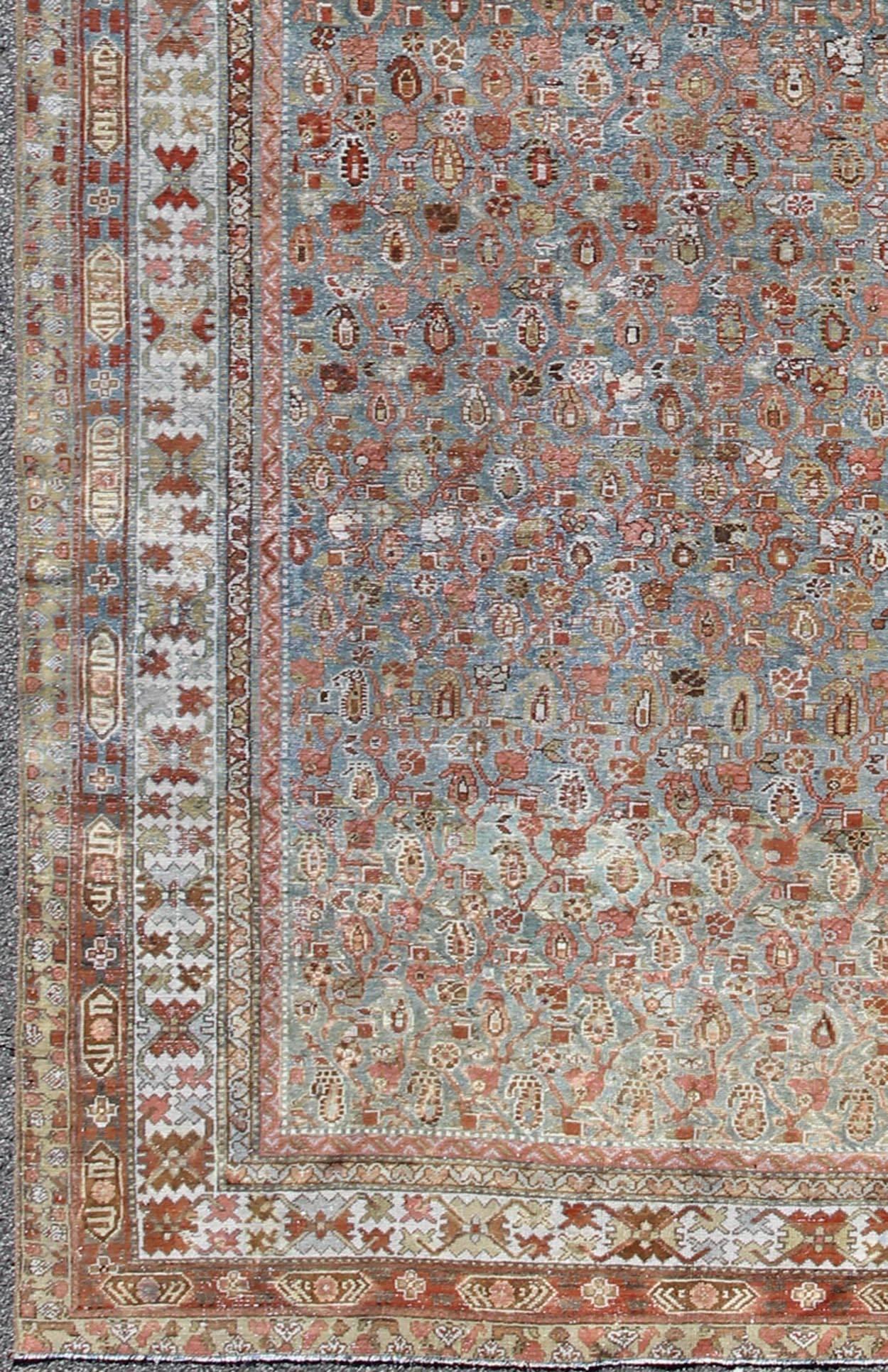 Red and Blue Antique Persian Malayer Rug with All-Over Design and Ornate Borders, rug sus-4704, country of origin / type: Iran / Malayer, circa 1910

This antique Persian Malayer rug was handwoven in the early 20th century (circa 1910) and bears a