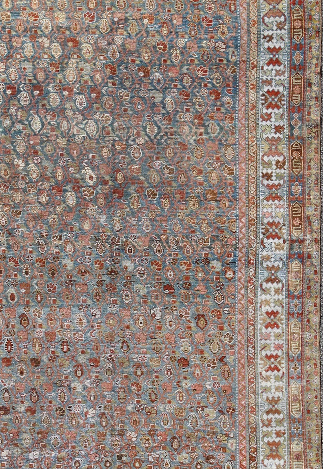 Antique Persian Malayer Rug with All-Over Design in Gray, Blue, Red & Ivory In Good Condition For Sale In Atlanta, GA