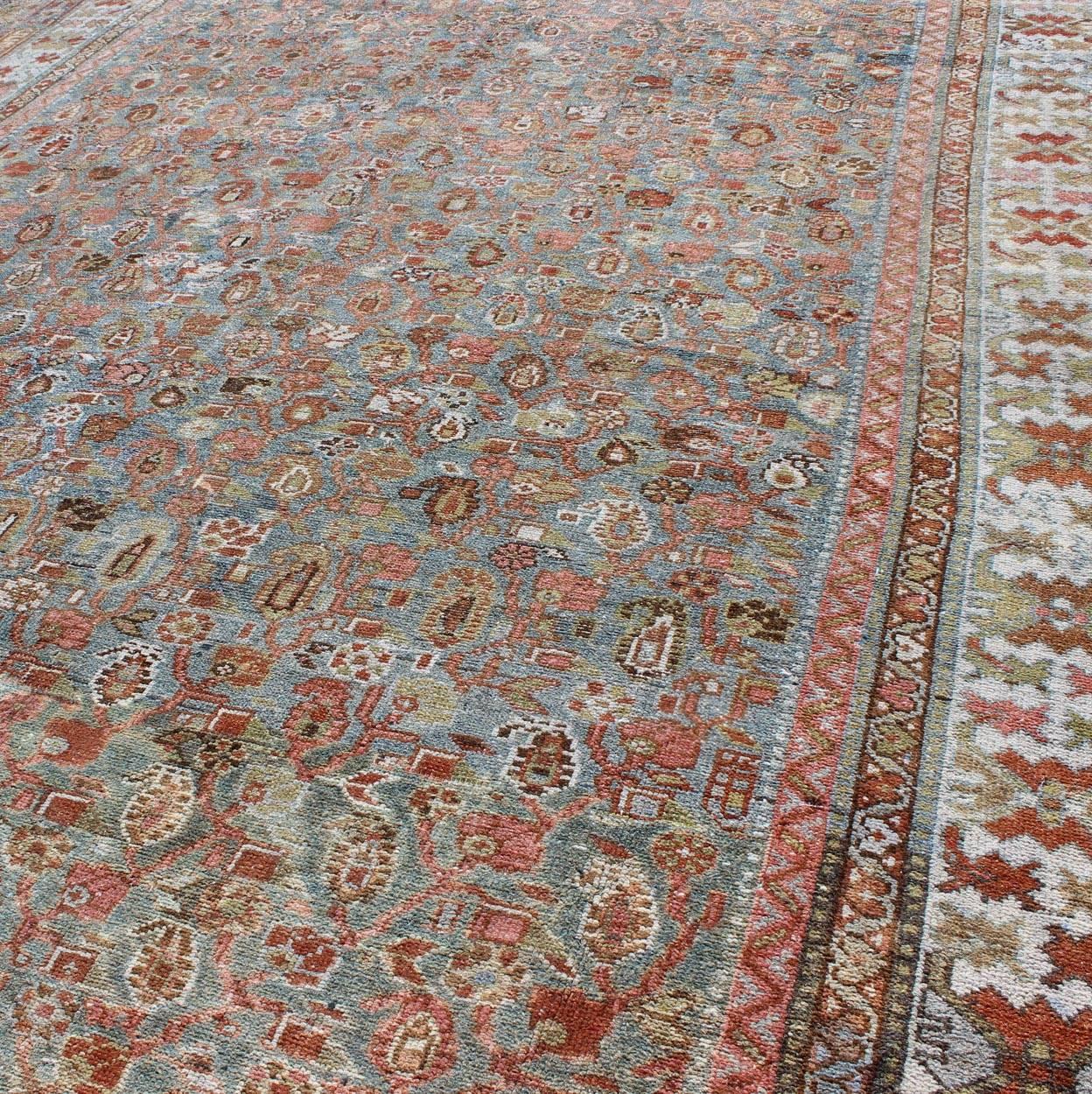 Early 20th Century Antique Persian Malayer Rug with All-Over Design in Gray, Blue, Red & Ivory For Sale