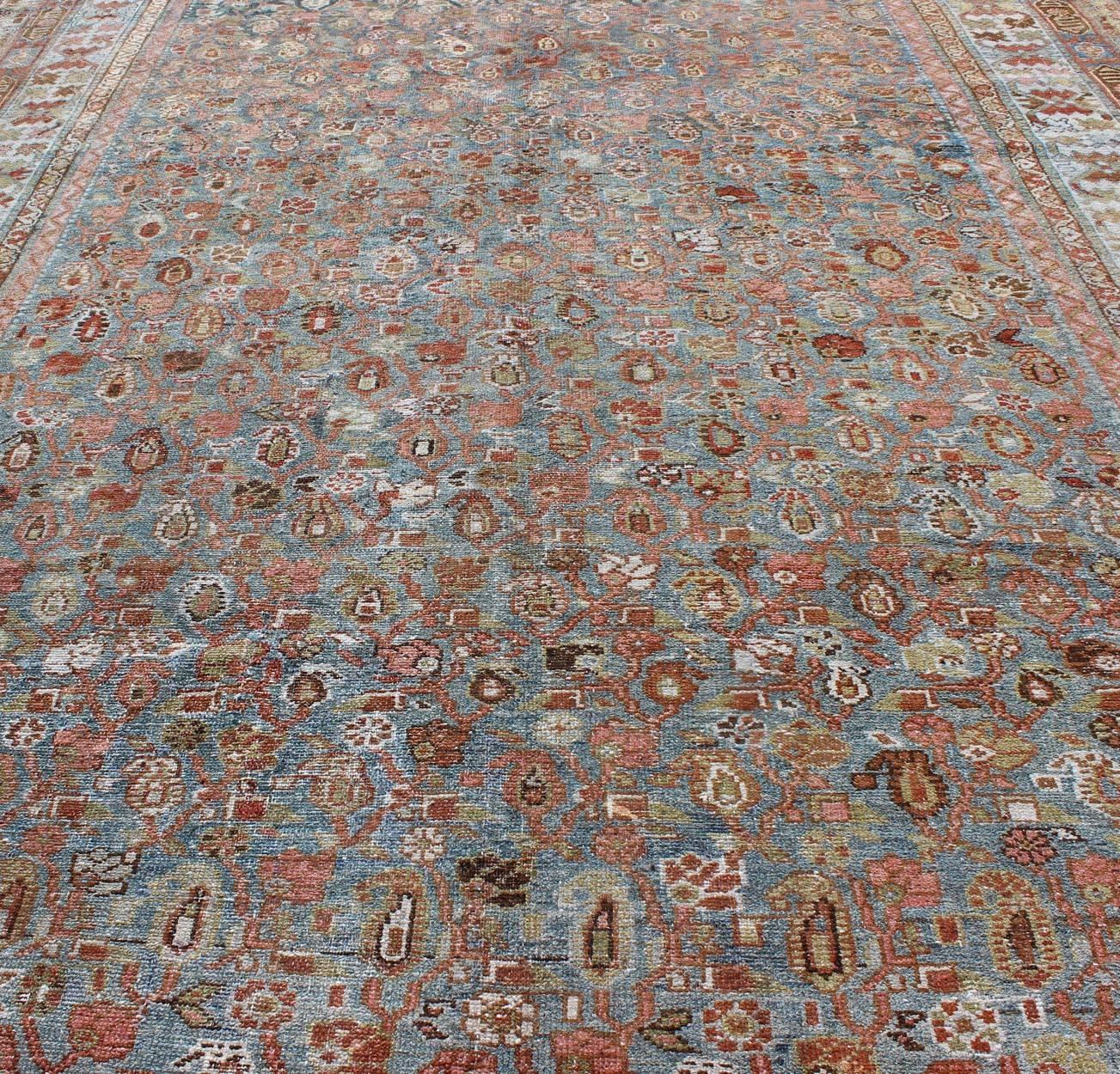 Wool Antique Persian Malayer Rug with All-Over Design in Gray, Blue, Red & Ivory For Sale