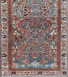 Antique Persian Hamadan Rug in Red and Sky Blue with Sub-Geometric Design