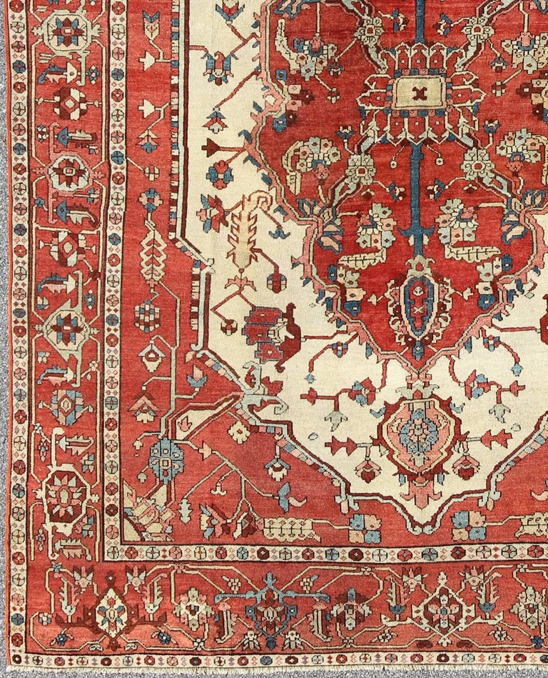 Bright Red Antique Persian Serapi Rug with Central Medallion Design in