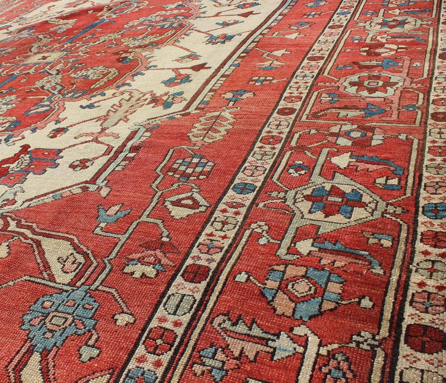 Hand-Knotted Antique Persian 19th Century Serapi Rug with Central Medallion Design  For Sale