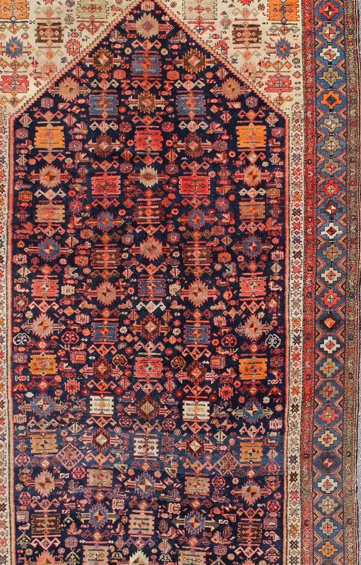 Navy Blue Antique Persian Malayer Antique Rug with All-Over Sub-Geometric Design In Excellent Condition For Sale In Atlanta, GA