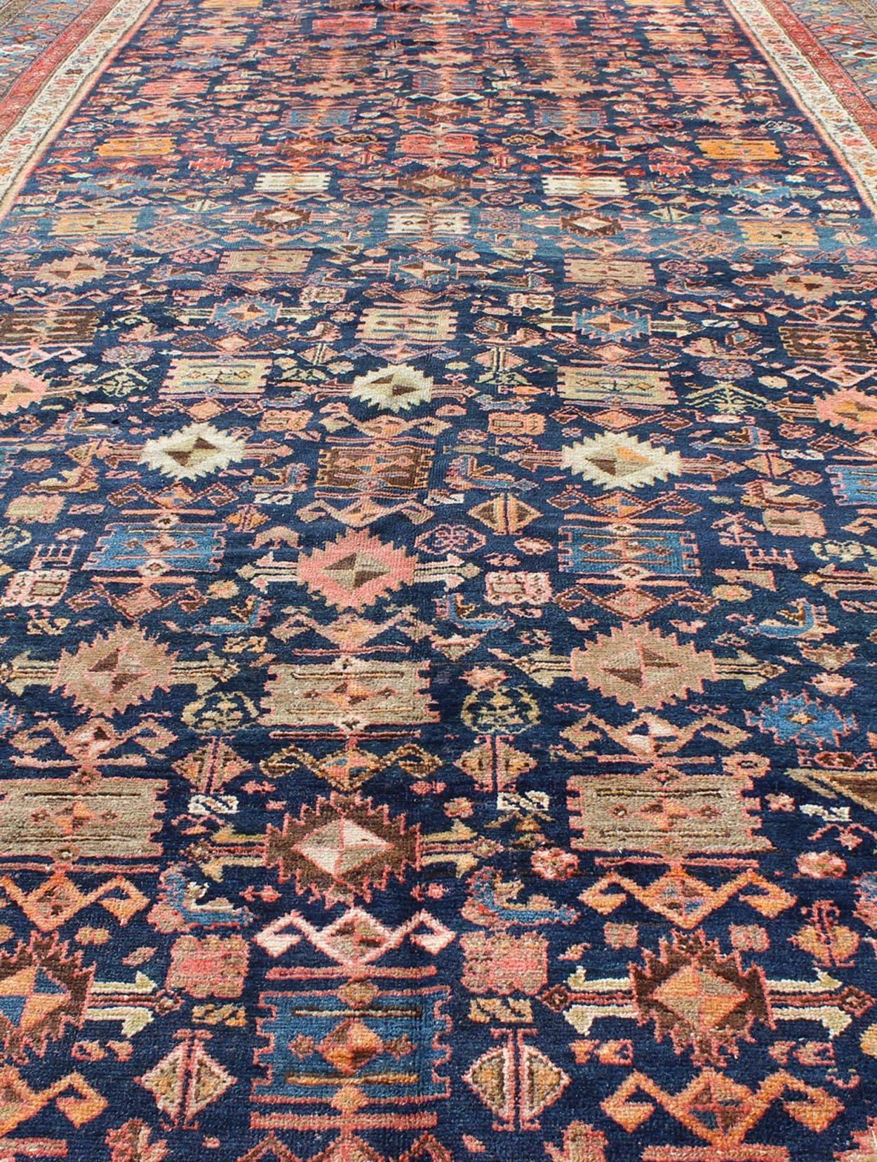 Wool Navy Blue Antique Persian Malayer Antique Rug with All-Over Sub-Geometric Design For Sale