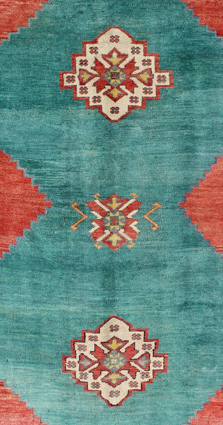 TealColored Oushak Vintage Turkish Rug with Three Medallions, Red