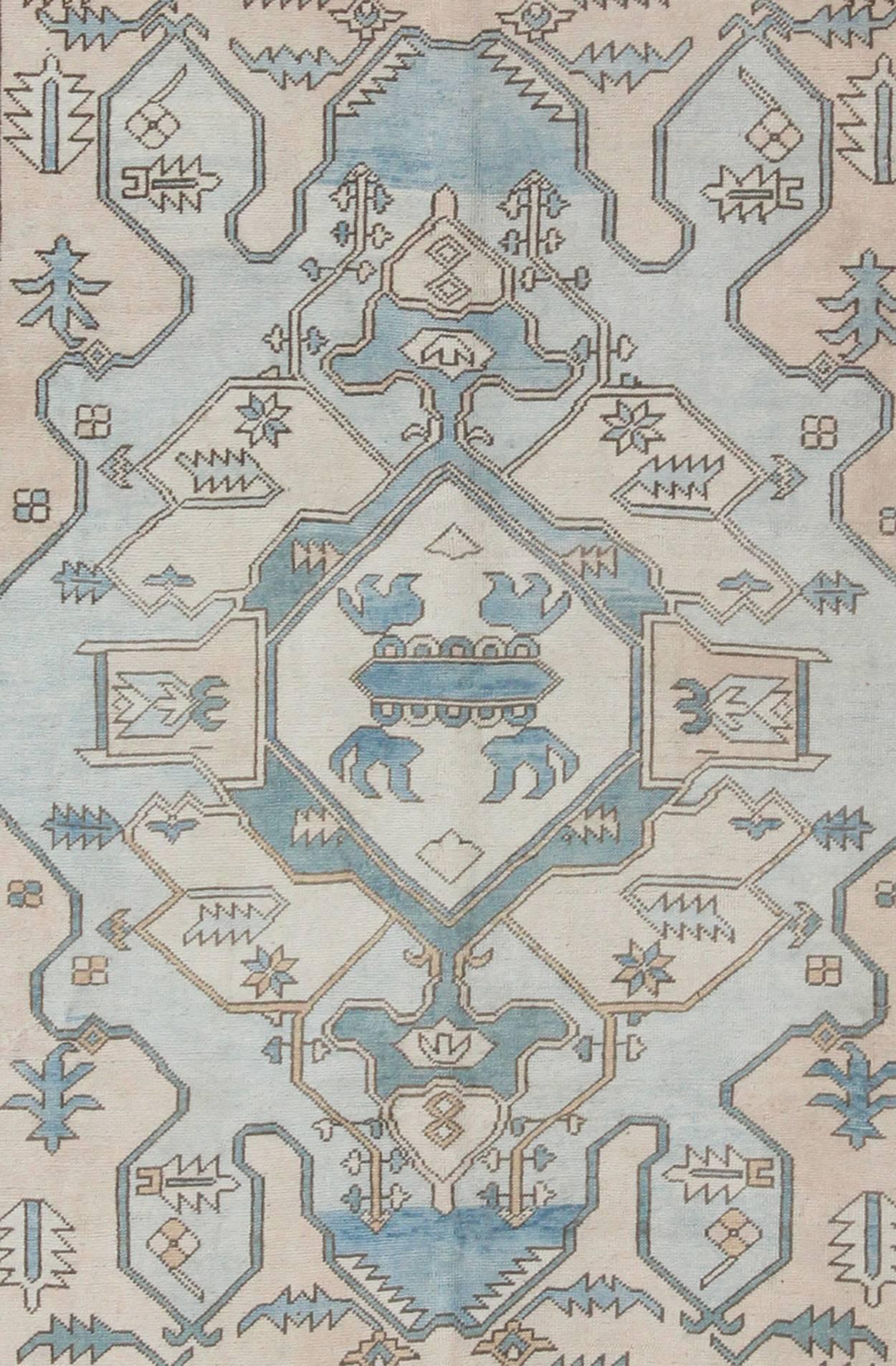 Turkish Vintage Oushak Rug from Turkey with Medallion in Shades of Blue, Cream and Nude