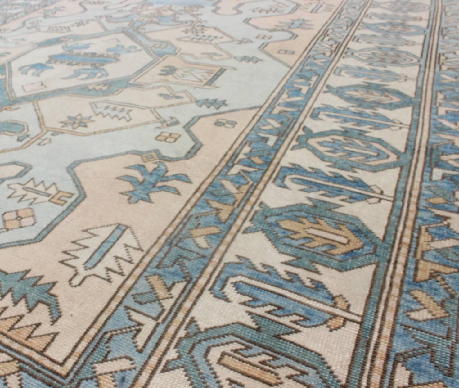 Vintage Oushak Rug from Turkey with Medallion in Shades of Blue, Cream and Nude In Excellent Condition In Atlanta, GA