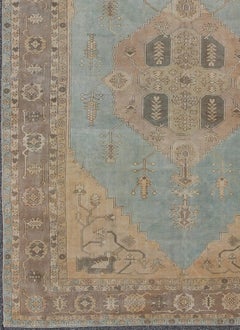 Vintage Turkish Oushak Rug with Vining Florals in Light Blue, Light Brown & Tan