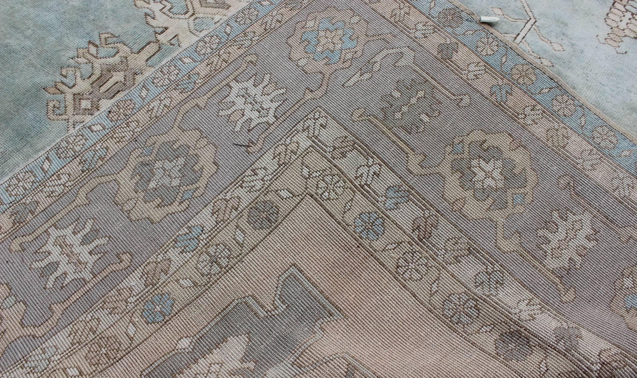 Vintage Turkish Oushak Rug with Vining Florals in Light Blue, Light Brown & Tan For Sale 1