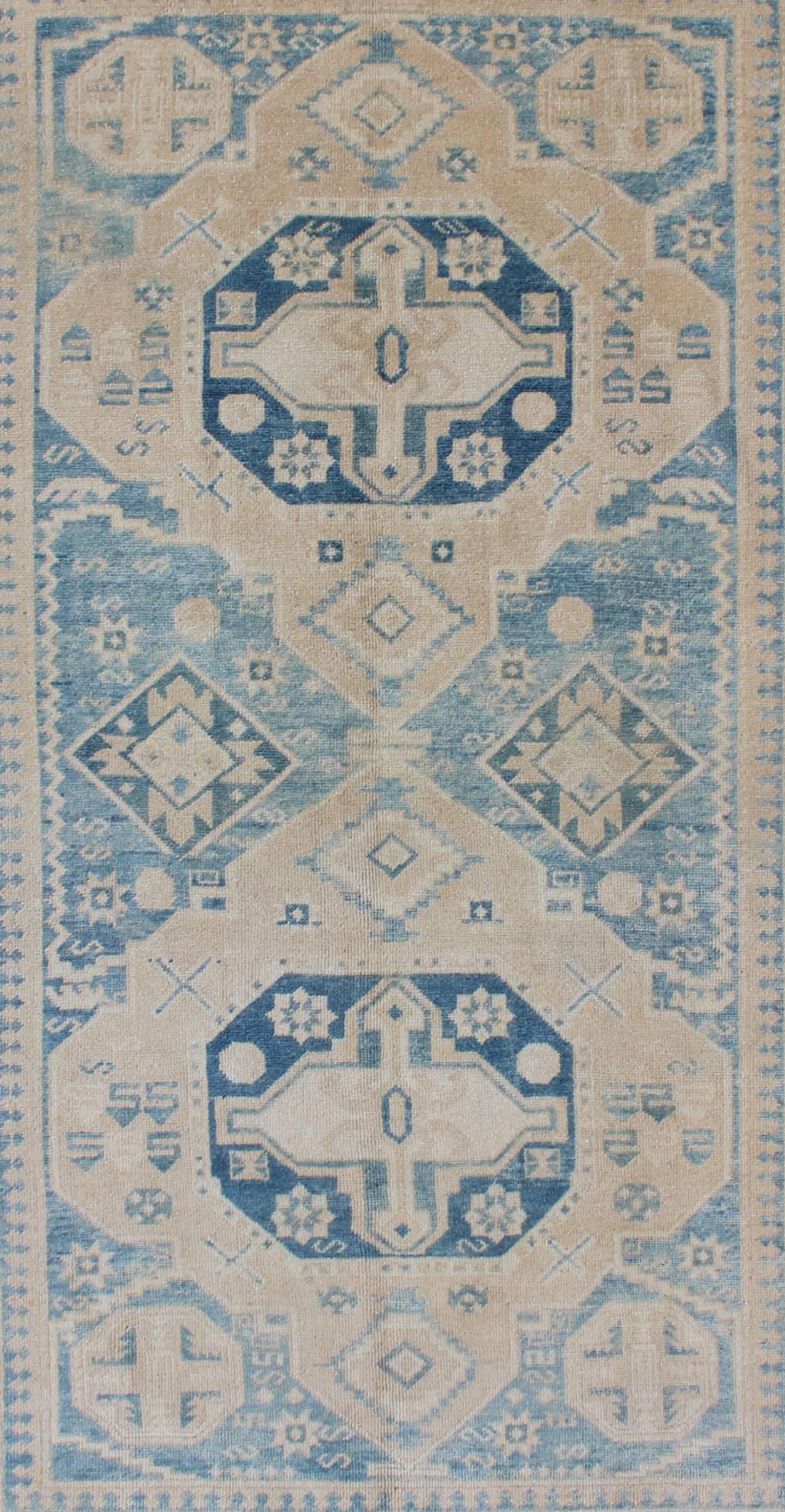 Hand-Knotted Blue and Tan Vintage Turkish Oushak Rug with Geometric Dual Medallions For Sale