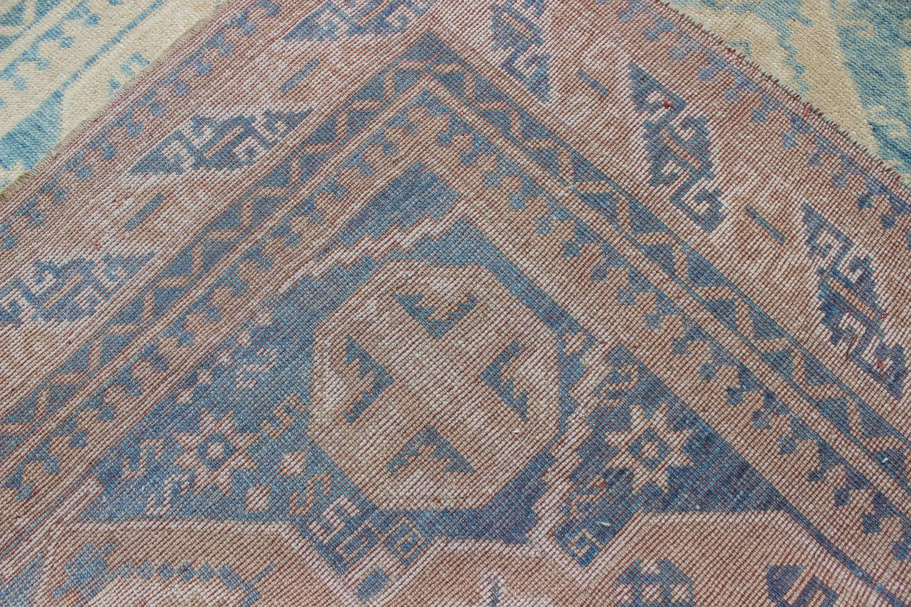 Blue and Tan Vintage Turkish Oushak Rug with Geometric Dual Medallions For Sale 1