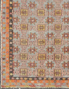 Vintage Turkish Kilim Rug with Geometric Stars in Soft Blue and Burnt Orange