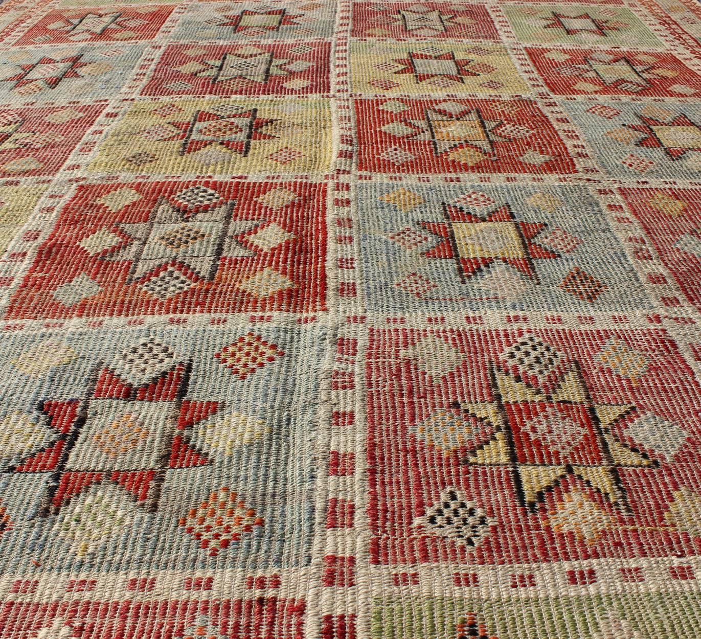Mid-20th Century Midcentury Geometric Checkerboard Embroidered Flat-Weave Kilim Rug with Stars For Sale