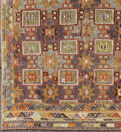 Vintage Turkish Kilim Rug with Star Motifs in Olive Green, Burnt Orange, Ivory