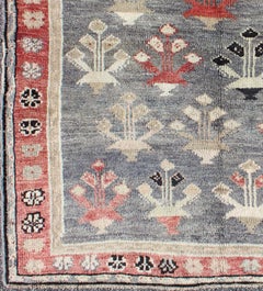 Vintage Turkish Oushak Rug in Red, Gray, Blue-Gray, Taupe and Ivory 4'2 x 4'10
