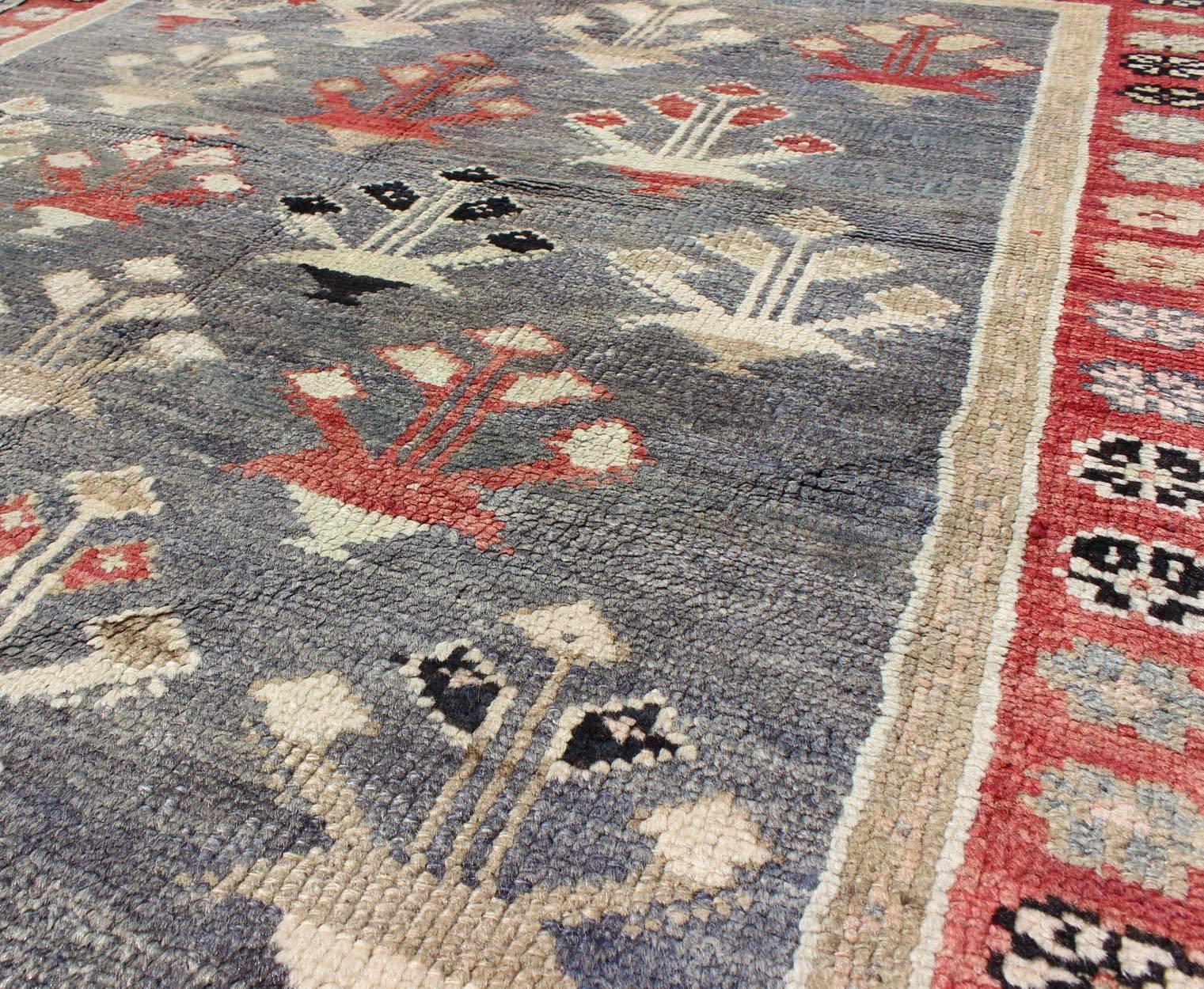 Mid-20th Century Vintage Turkish Oushak Rug in Red, Gray, Blue-Gray, Taupe and Ivory For Sale