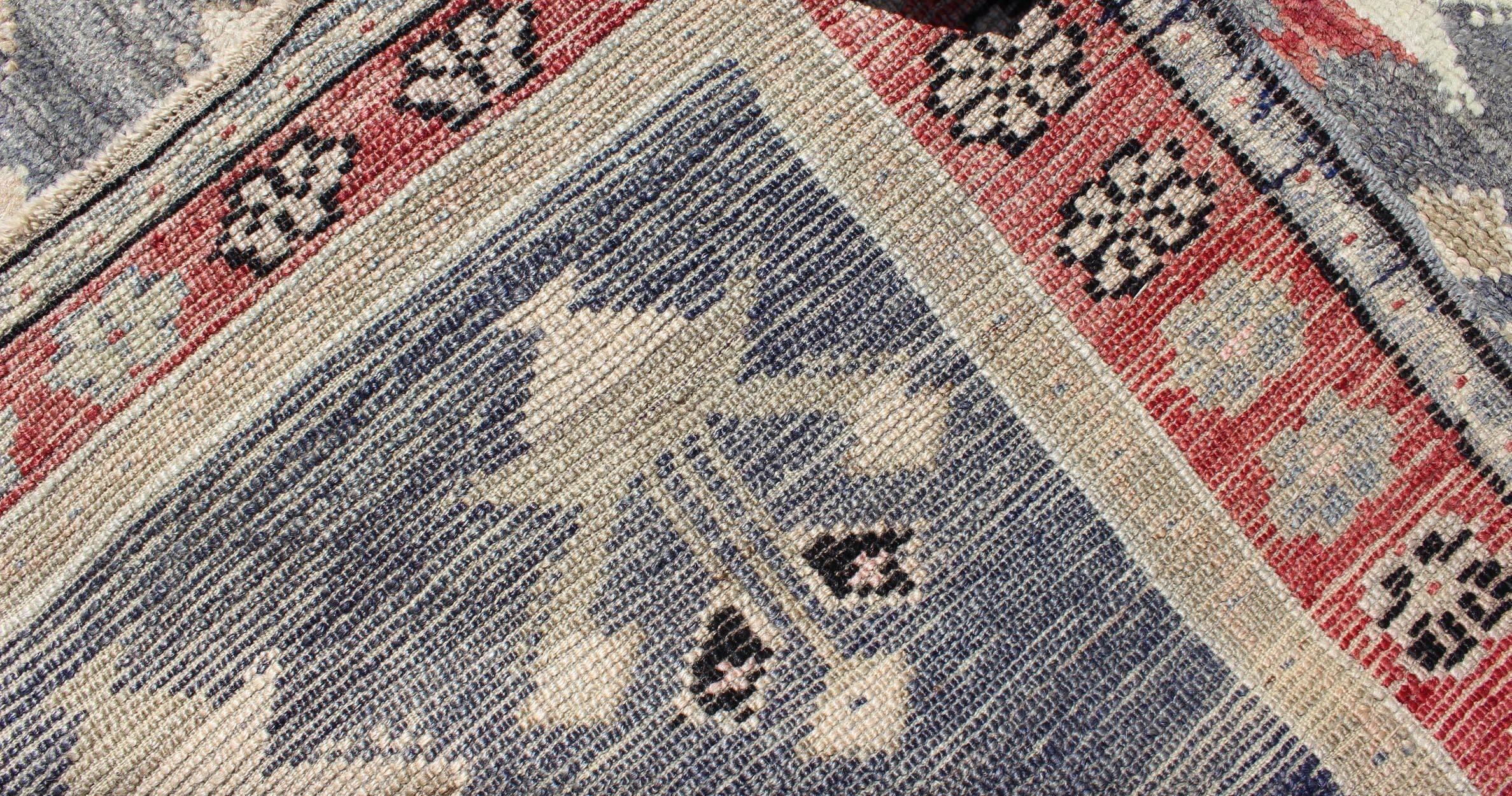 Vintage Turkish Oushak Rug in Red, Gray, Blue-Gray, Taupe and Ivory For Sale 1