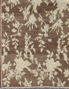 Mocha Vintage Turkish Oushak Rug with Free-Flowing Green & Cream Flower Blossoms