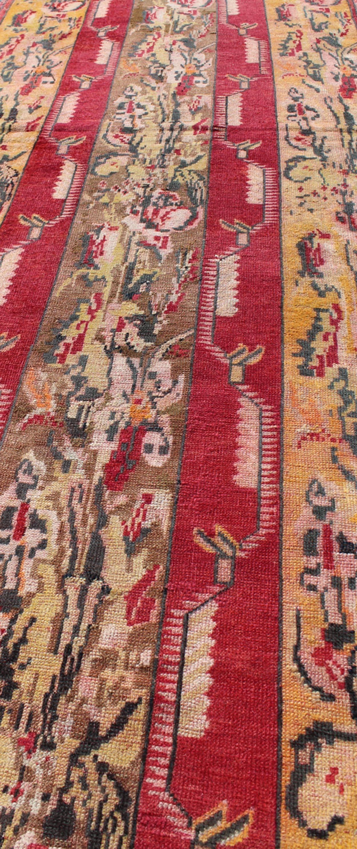 Hand-Knotted Antique Turkish Oushak Runner with Saffron Yellow, Light Brown and Red  For Sale