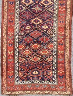 Antique Persian Bidjar Runner with Repeating Medallions in Deep Indigo and Ivory
