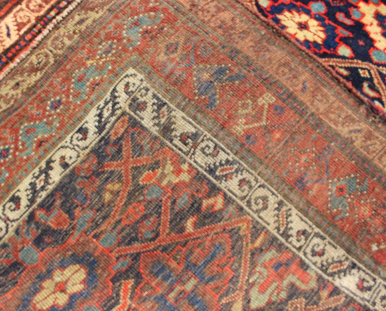 Wool Antique Persian Bidjar Runner with Sub-Geometric Diamond Design in Midnight Blue For Sale