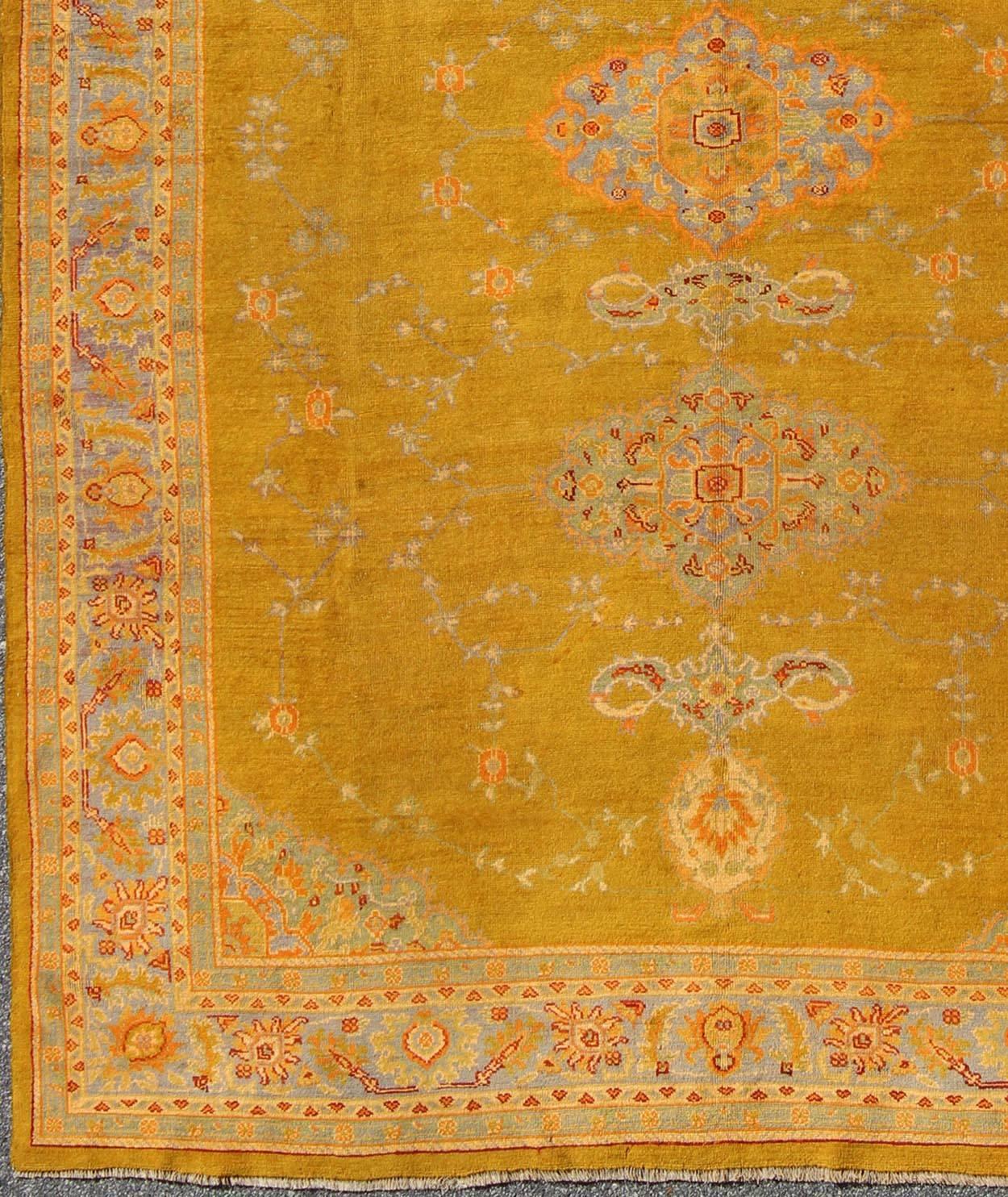 Fine Antique Burlu Oushak Rug in Saffron Gold, Gray Lavender, L. Green, Orange, red . Antique Turkish fine Oushak rug with Three Medallions in unique colors, Keivan Woven Arts/rug /17-1002, country of origin / type: Turkey / Oushak, Burlu Oushak,