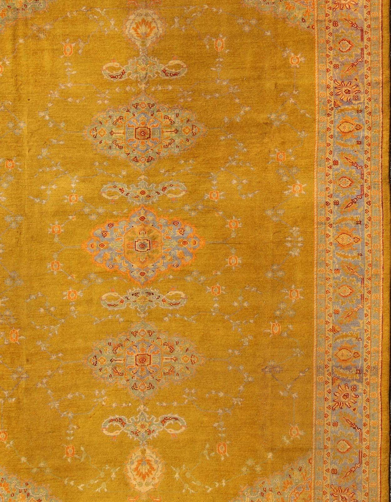 Turkish Saffron Gold, Gray Lavender, L. Green, Orange Antique Fine Burlu Oushak Rug  For Sale