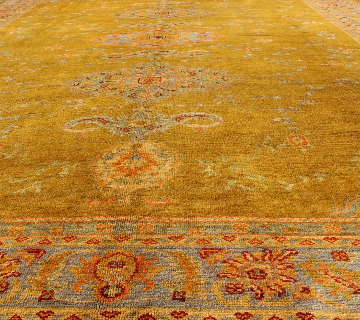 Saffron Gold, Gray Lavender, L. Green, Orange Antique Fine Burlu Oushak Rug  In Excellent Condition For Sale In Atlanta, GA