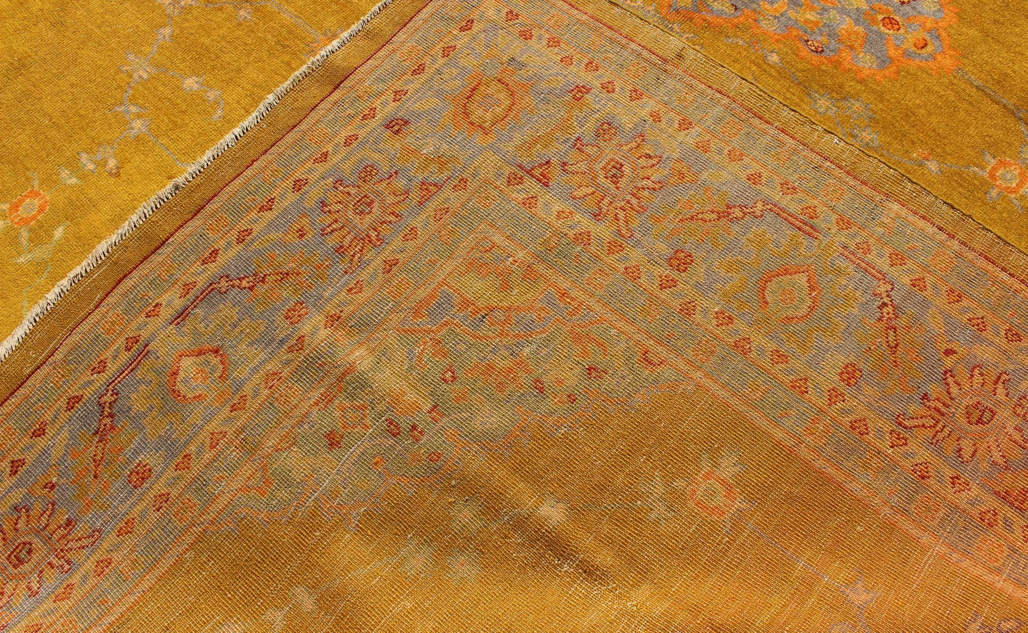 Early 20th Century Saffron Gold, Gray Lavender, L. Green, Orange Antique Fine Burlu Oushak Rug  For Sale