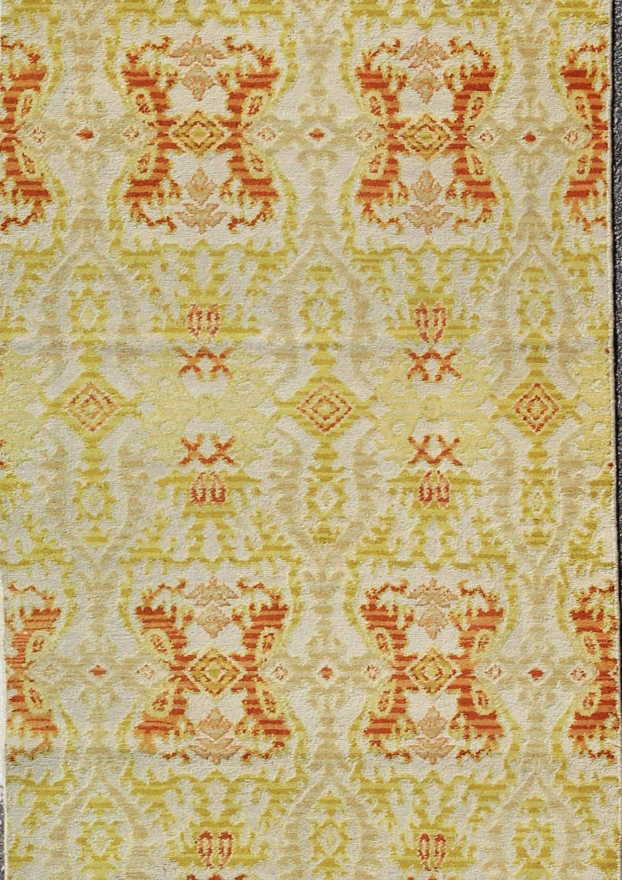 Spanish Colonial Green, Yellow, Orange Antique Spanish Runner Fragment of a Larger Antique Rug  For Sale