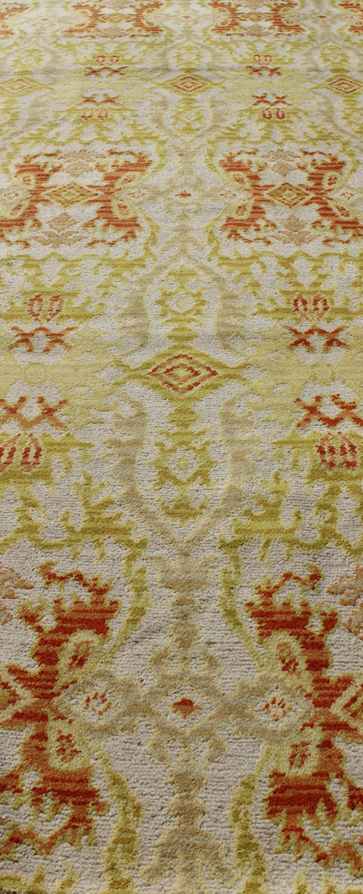 Hand-Knotted Green, Yellow, Orange Antique Spanish Runner Fragment of a Larger Antique Rug  For Sale