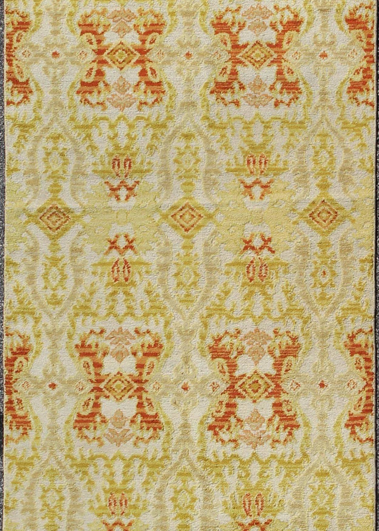 Spanish Colonial Green, Yellow, Orange Antique Spanish Runner Fragment of a Larger Antique Rug  For Sale