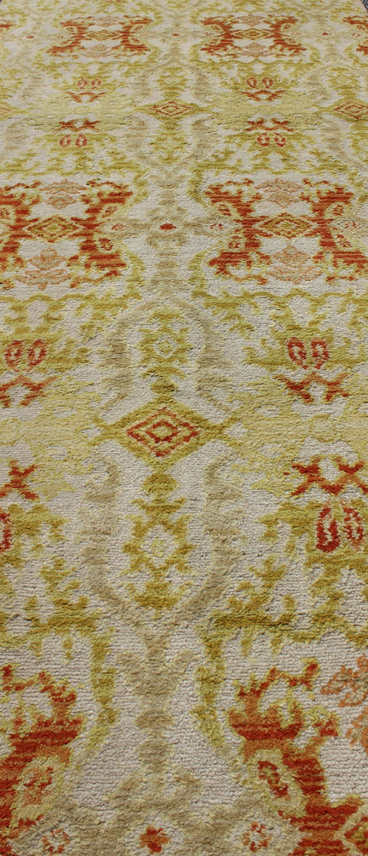 Hand-Knotted Green, Yellow, Orange Antique Spanish Runner Fragment of a Larger Antique Rug  For Sale